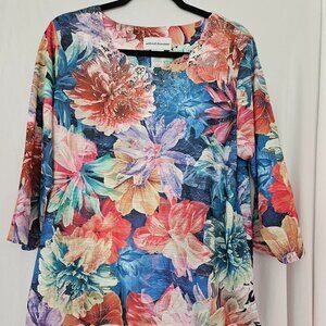 Alfred Dunner Floral Lace 3/4 Sleeve Top Rhinestones Boho Multicolor Size M